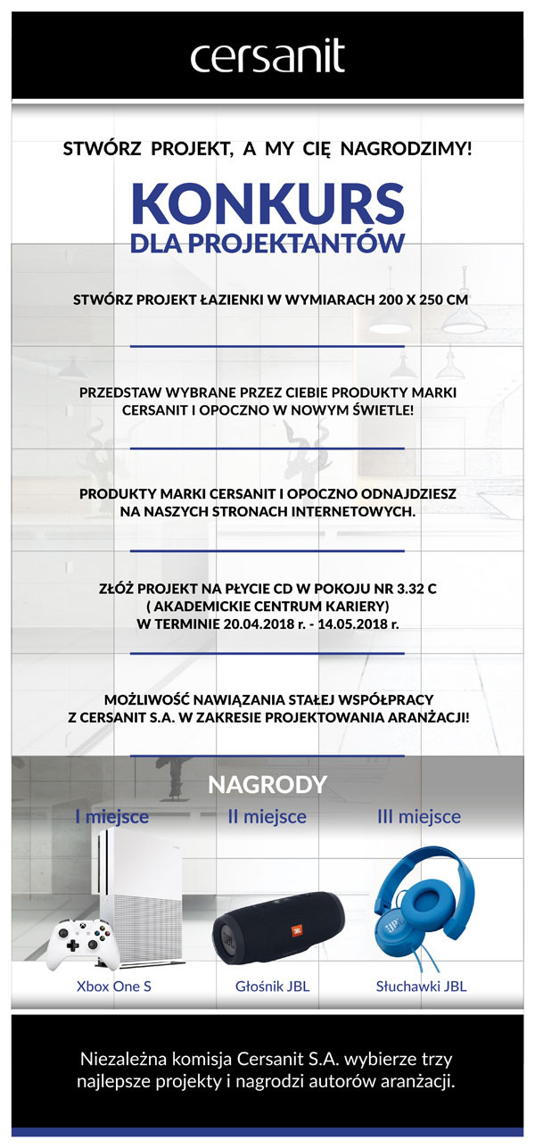 Konkurs Cersanit dla projektantów łazienek. Nagrody: Xbox One S, głośnik JBL, słuchawki JBL.