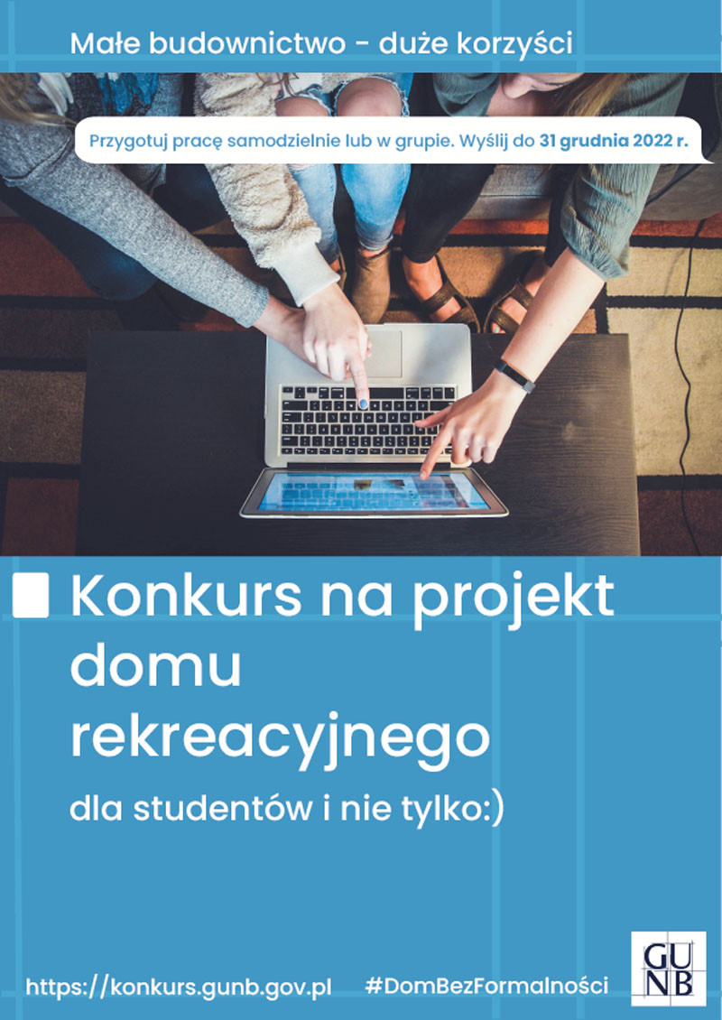 Konkurs na projekt domu rekreacyjnego dla studentów. Kluczowe obiekty: laptop, tablet, dłonie. Kontekst: promocja konkursu.