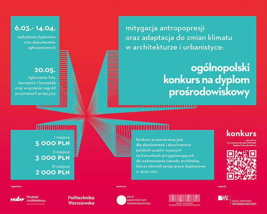 Plakat informuje o ogólnopolskim konkursie na dyplom prośrodowiskowy. Kluczowe obiekty: daty, nagrody, QR kod.