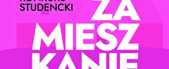 Konkurs studencki "Za mieszkanie". Kluczowe obiekty: napis "KONKURS STUDENCKI" i "ZA MIESZKANIE". Kontekst: promocja konkursu.