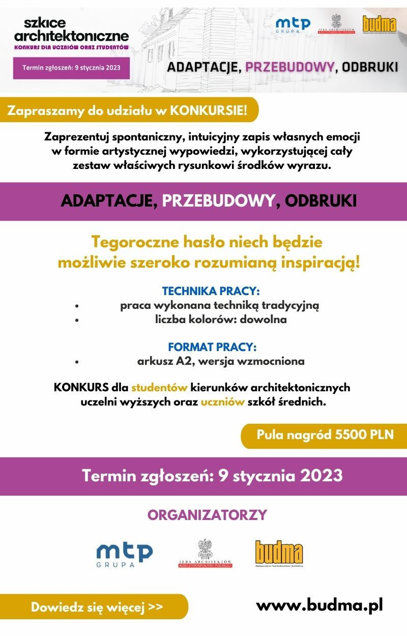 Konkurs architektoniczny "Szkice architektoniczne" dla uczniów i studentów. Termin zgłoszeń: 9 stycznia 2023.