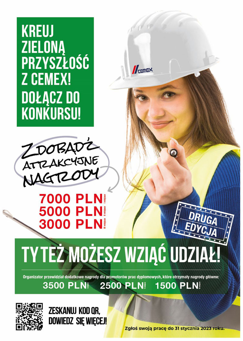 Kobieta w kasku i kamizelce odblaskowej zaprasza do konkursu CEMEX. Nagrody: 7000, 5000, 3000 PLN.