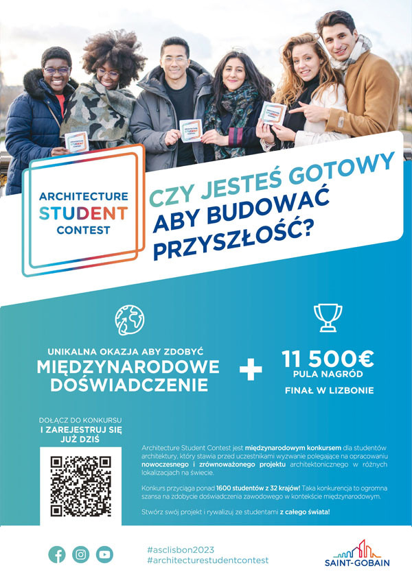 Sześcioro młodych ludzi trzyma karty z napisem "Architecture Student Contest". Konkurs dla studentów architektury.