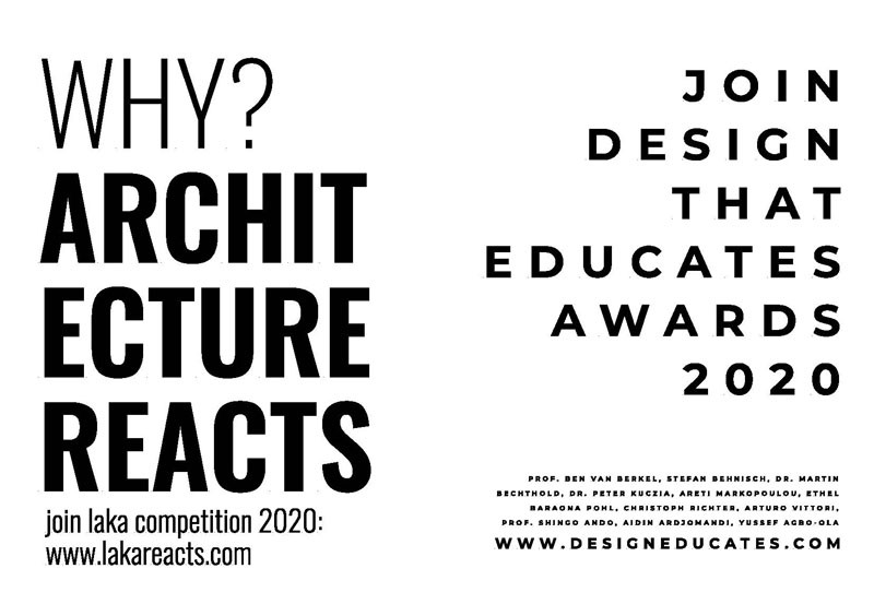 WHY? ARCHITECTURE REACTS" i "JOIN DESIGN THAT EDUCATES AWARDS 2020". Kontekst: konkurs architektoniczny.