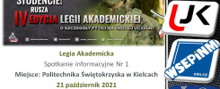 Plakat informuje o spotkaniu Legii Akademickiej. Kluczowe obiekty: żołnierz, tekst, loga. Kontekst: rekrutacja.