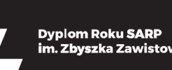 Biały symbol błyskawicy i tekst "Dyplom Roku SARP im. Z. Zawistowskiego" na czarnym tle.