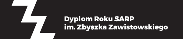 Biały symbol błyskawicy i tekst "Dyplom Roku SARP im. Z. Zawistowskiego" na czarnym tle.