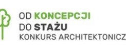 Logo z ikoną drzew i ławki. Tekst: "Od koncepcji do stażu. Konkurs architektoniczny.