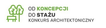Logo z ikoną drzew i ławki. Tekst: "Od koncepcji do stażu. Konkurs architektoniczny.