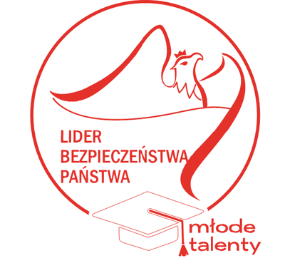 Czerwony okrąg z orłem, tekstem "LIDER BEZPIECZEŃSTWA PAŃSTWA" i biretem. Kontekst: program "Młode Talenty".