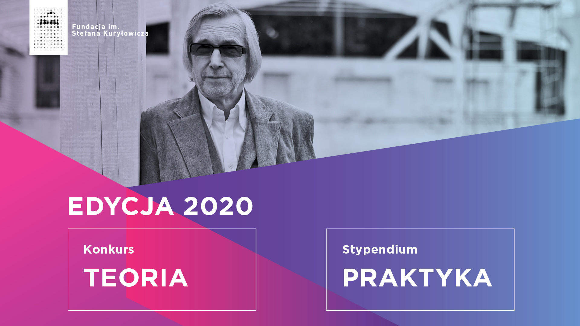 Mężczyzna w okularach i marynarce, logo Fundacji im.