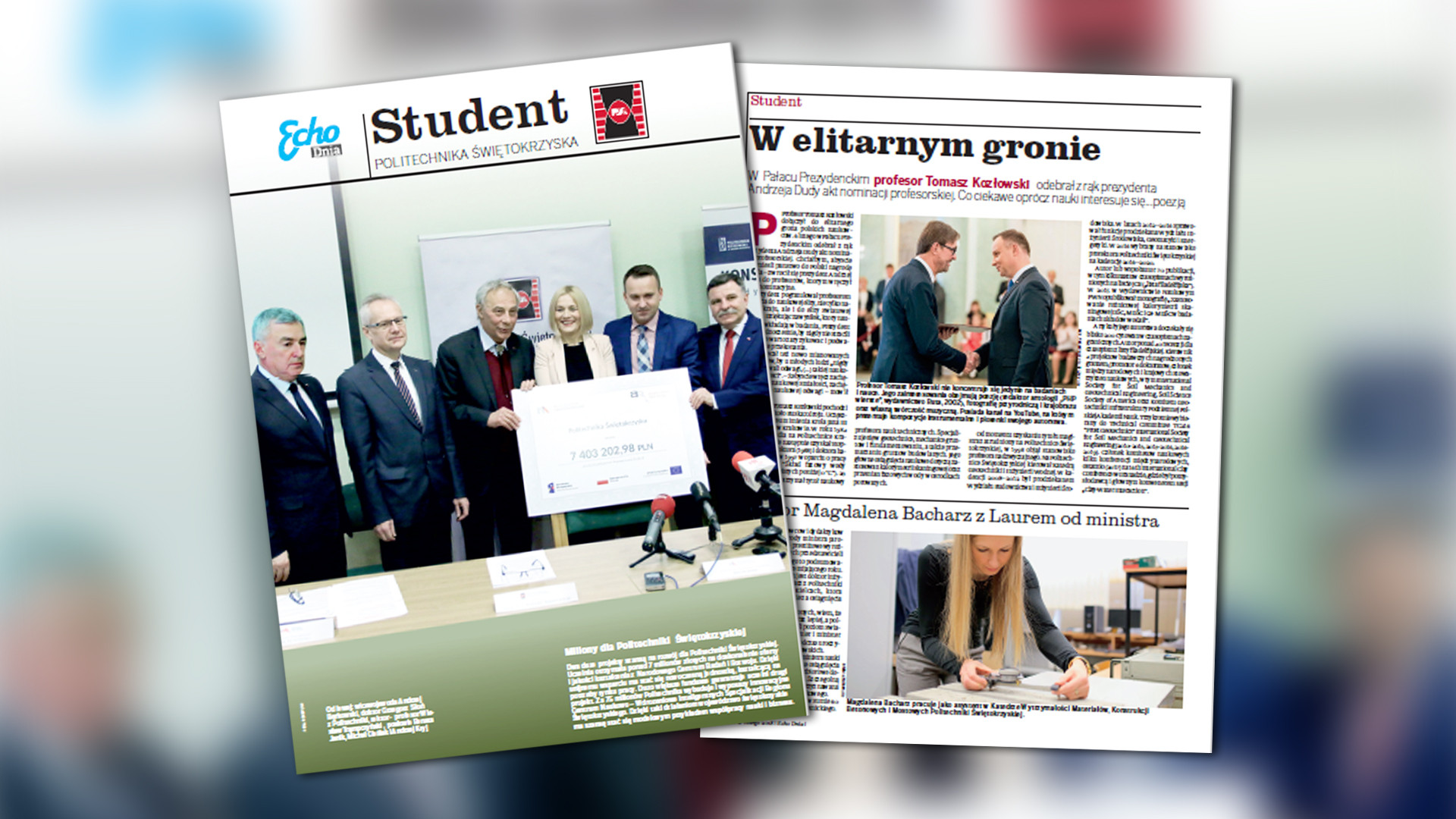 Grupa osób pozuje z czekiem. Na pierwszym planie widać gazetę "Student" z Politechniki Świętokrzyskiej.