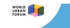 Logo World Urban Forum. Kolorowy sześcian z dymkiem. Kontekst: wydarzenie dotyczące miast.