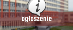 Dymek z literą "i" i napisem "ogłoszenie" na tle budynku.