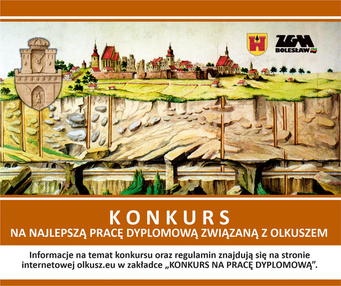 Ilustracja przedstawia przekrój geologiczny miasta z zamkiem i herbem. Konkurs na pracę dyplomową o Olkuszu.