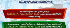 Plakat zapraszający na bezpłatne szkolenia dla studentów, absolwentów i wykładowców.