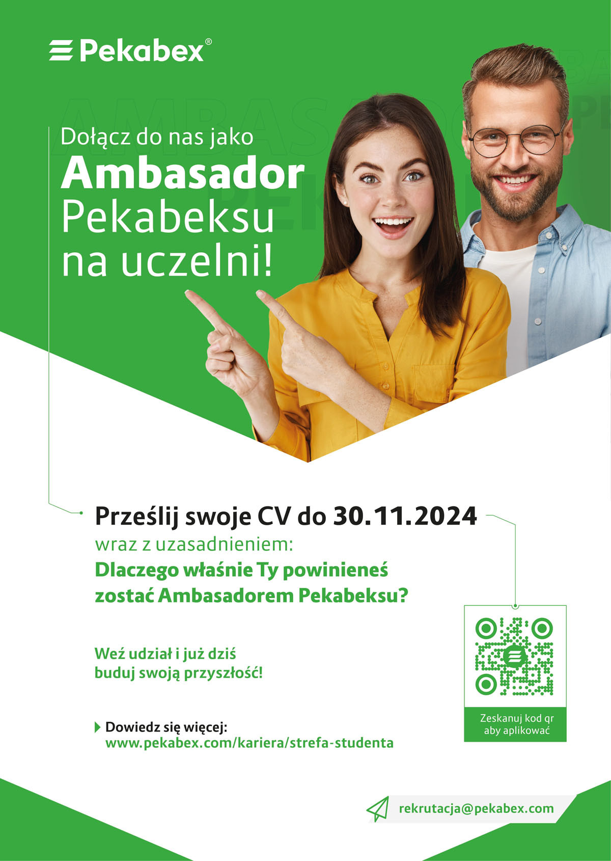 Rekrutacja na Ambasadora Pekabsu na uczelni. Zgłoszenia CV do 30.11.2024. QR kod do aplikacji.