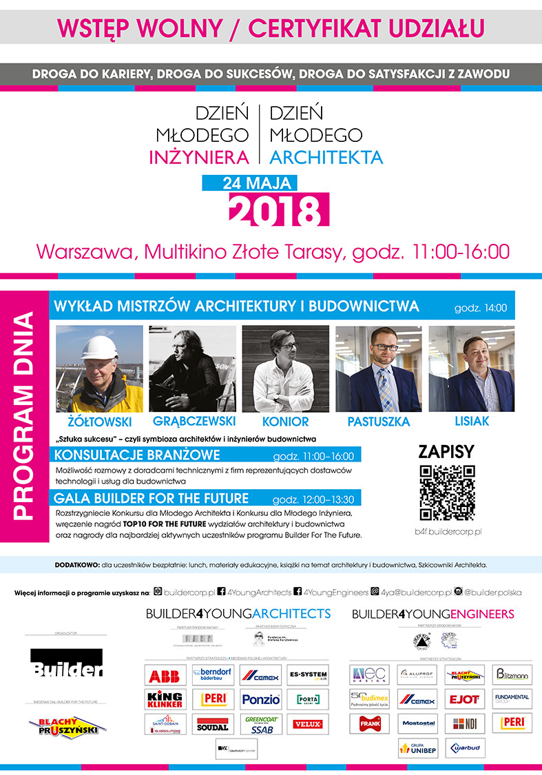 Plakat informuje o Dniu Młodego Inżyniera i Architekta 24 maja 2018 w Warszawie.