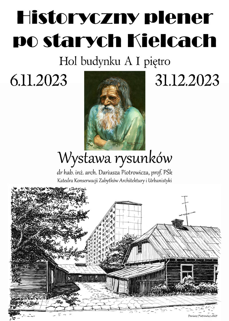 Wystawa rysunków "Historyczny plener po starych Kielcach" w holu budynku A, 6.11-31.12.2023.