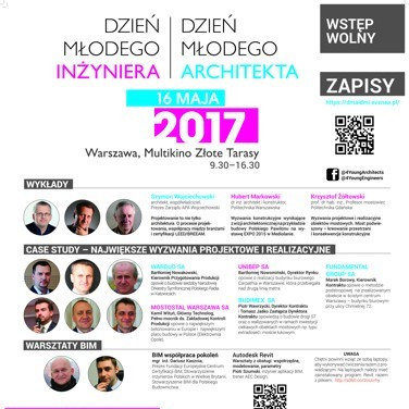 Plakat informuje o wydarzeniu "Dzień Młodego Inżyniera i Architekta" 16 maja 2017 w Warszawie.