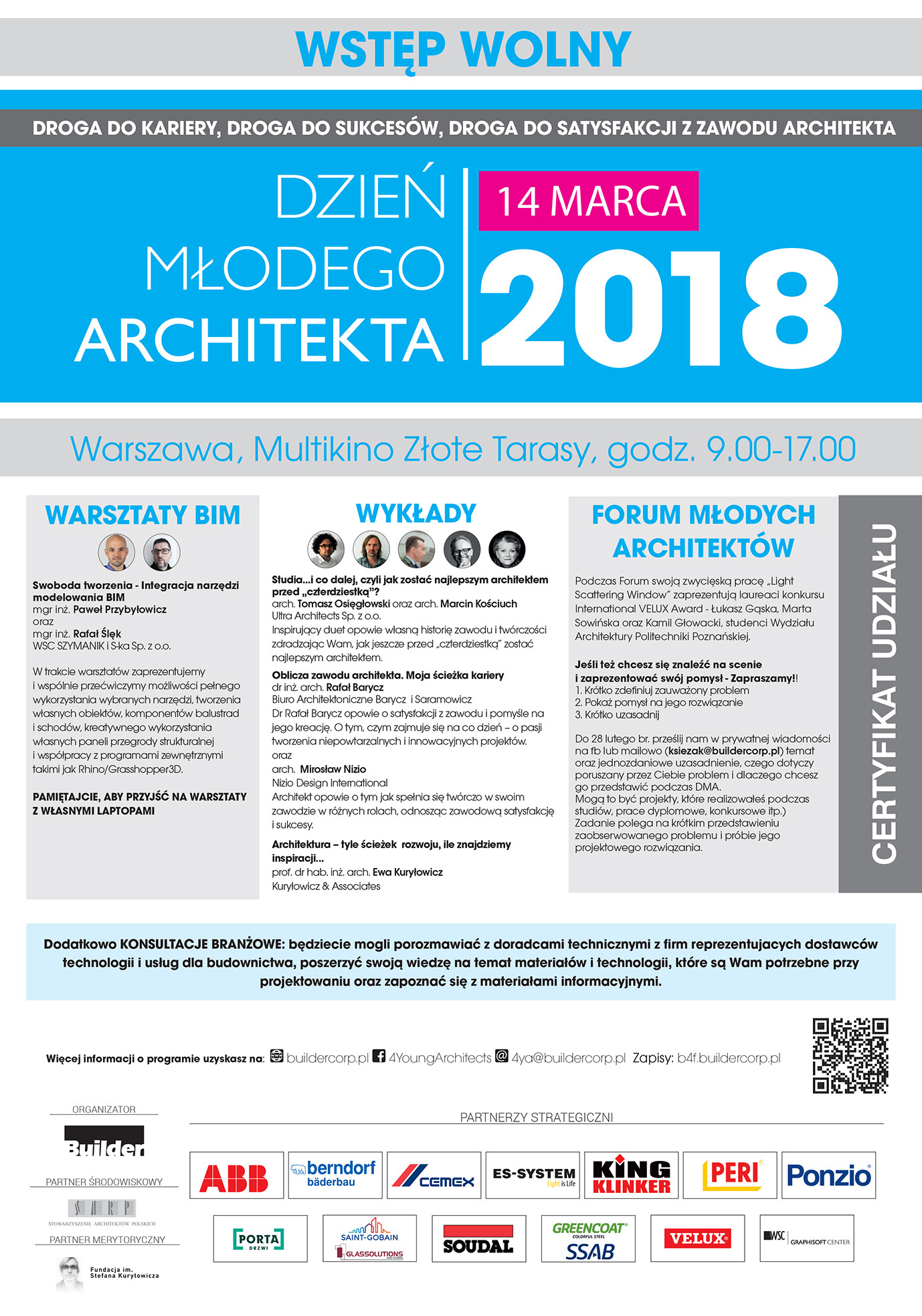 Plakat zaprasza na Dzień Młodego Architekta 14 marca 2018 w Warszawie.