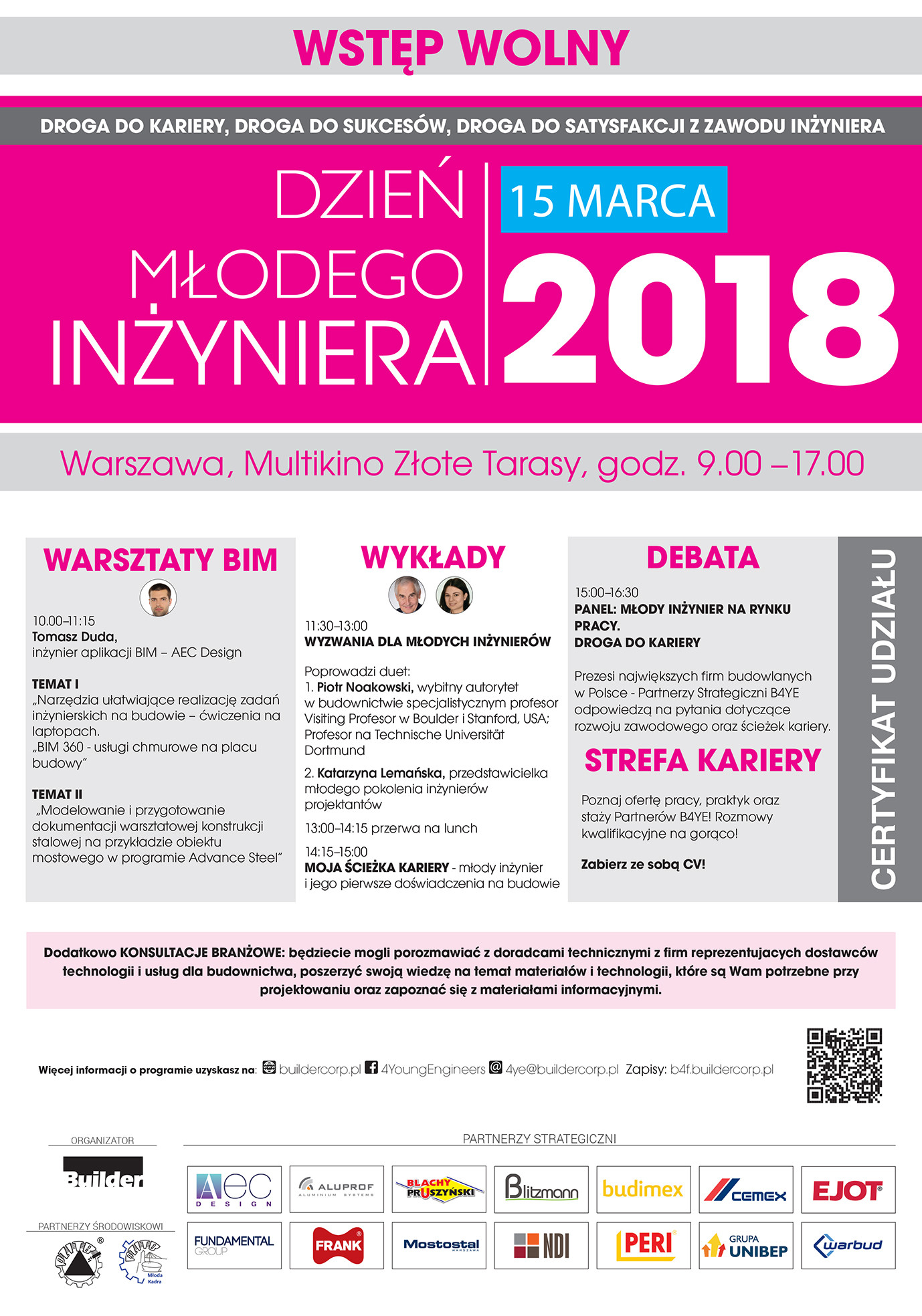 Plakat informuje o wydarzeniu "Dzień Młodego Inżyniera" 15 marca 2018 w Warszawie.