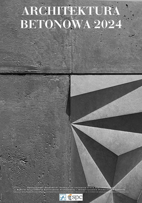 Betonowa architektura 2024. Tekst na tle geometrycznych form i faktury betonu.