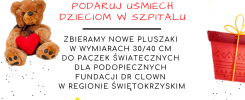 Zbiórka pluszaków dla dzieci w szpitalu. Kluczowe obiekty: pluszowy miś, Święty Mikołaj, prezenty.