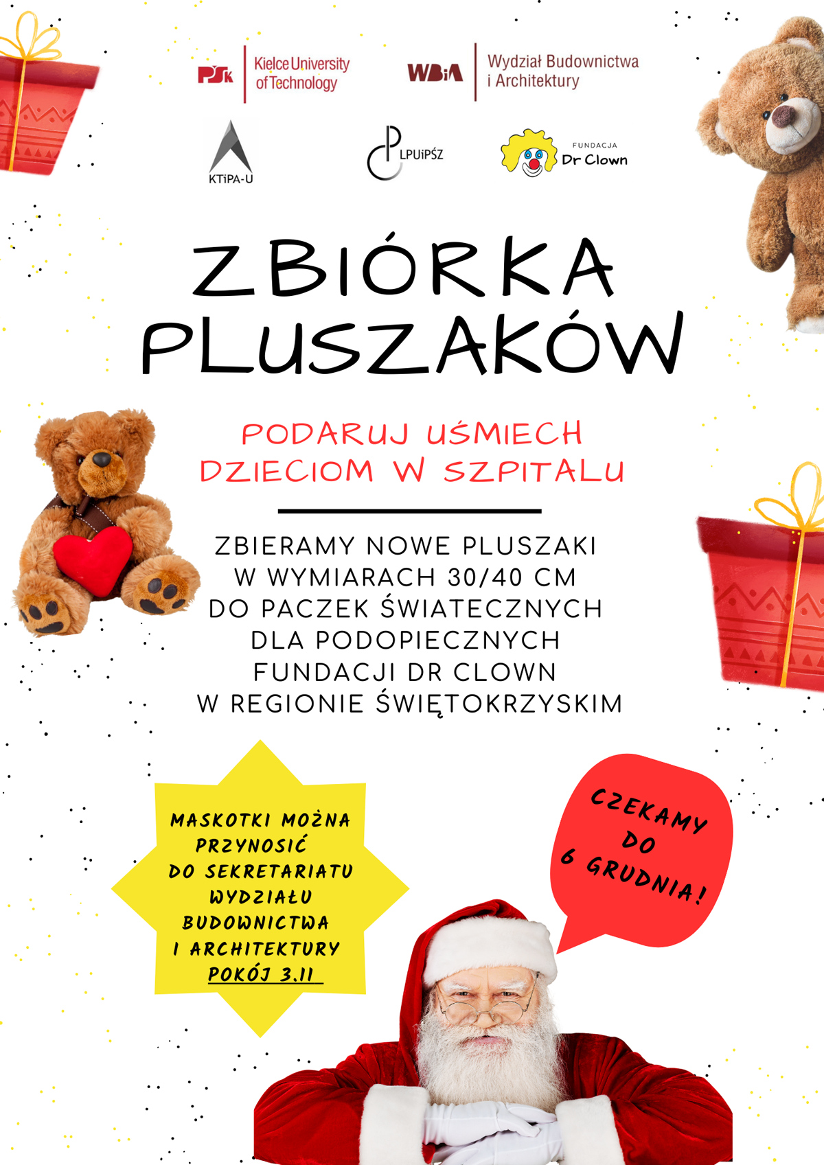 Zbiórka pluszaków dla dzieci w szpitalu. Kluczowe obiekty: pluszowy miś, Święty Mikołaj, prezenty.