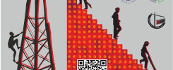 Plakat konkursu "Power Tower 2021" z sylwetkami ludzi budujących wieżę. Kluczowe obiekty: wieża, schody z klocków, ludzie.