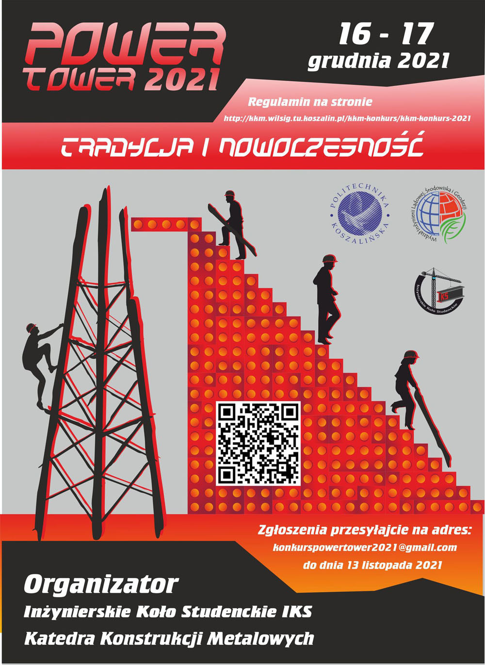 Plakat konkursu "Power Tower 2021" z sylwetkami ludzi budujących wieżę. Kluczowe obiekty: wieża, schody z klocków, ludzie.
