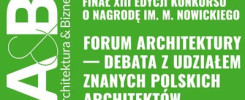 Logo "A&B Architektura & Biznes" i tekst informujący o finale konkursu o nagrodę im. M. Nowickiego.