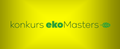 Napis "konkurs ekoMasters" z zielonym liściem. Kontekst: nazwa konkursu ekologicznego.