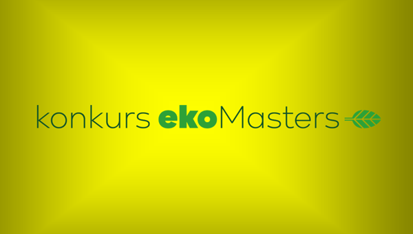 Napis "konkurs ekoMasters" z zielonym liściem. Kontekst: nazwa konkursu ekologicznego.