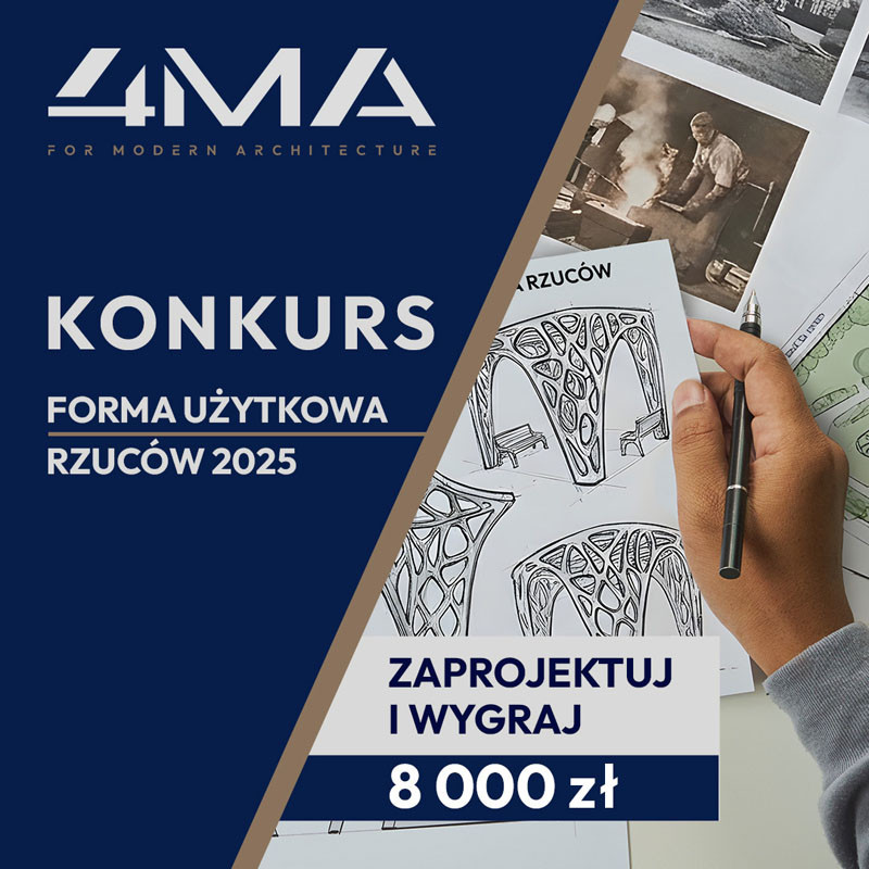 Konkurs architektoniczny 4MA. Projekty form użytkowych, nagroda 8000 zł. Rysunki architektoniczne, ręka z piórem.