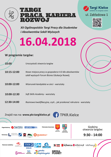Plakat informuje o XII Ogólnopolskich Targach Pracy, Kariery i Rozwoju w Targach Kielce 16.04.2018.