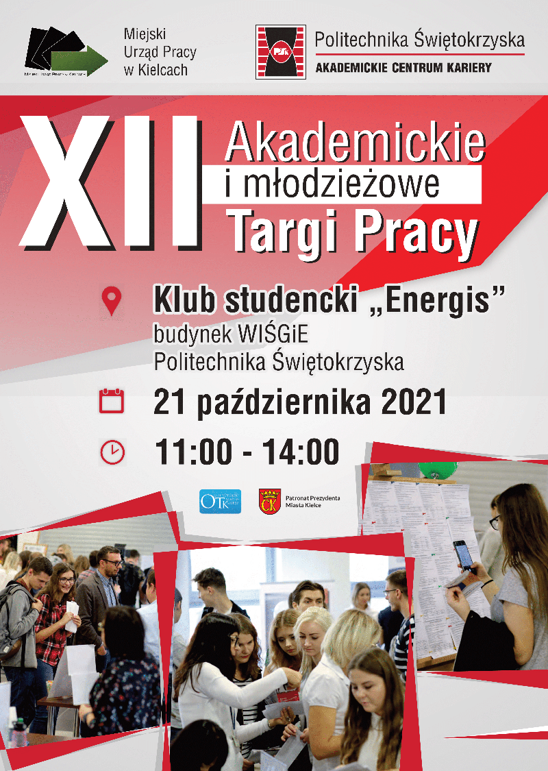 Plakat informuje o XII Akademickich i Młodzieżowych Targach Pracy. Wydarzenie odbędzie się 21 października 2021 r.