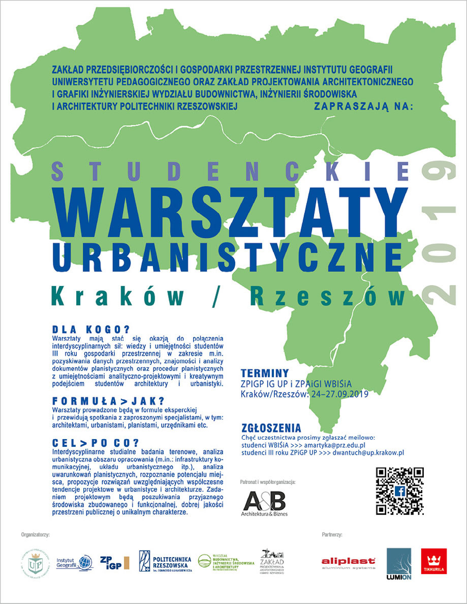 Plakat zaprasza na Studenckie Warsztaty Urbanistyczne w Krakowie i Rzeszowie, 24-27.09.2019.