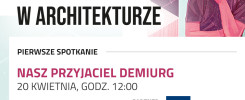 Plakat zapraszający na spotkanie "Wartości w architekturze" z rysunkiem mężczyzny.