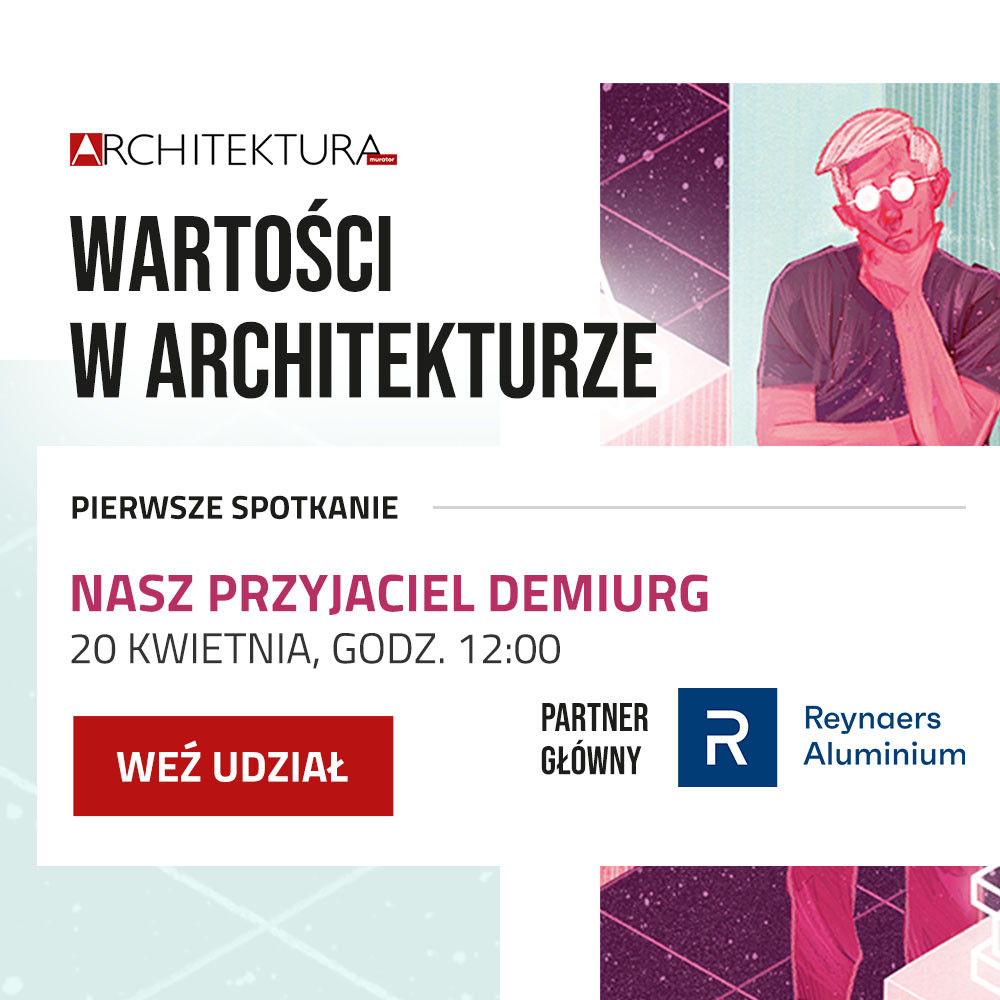 Plakat zapraszający na spotkanie "Wartości w architekturze" z rysunkiem mężczyzny.