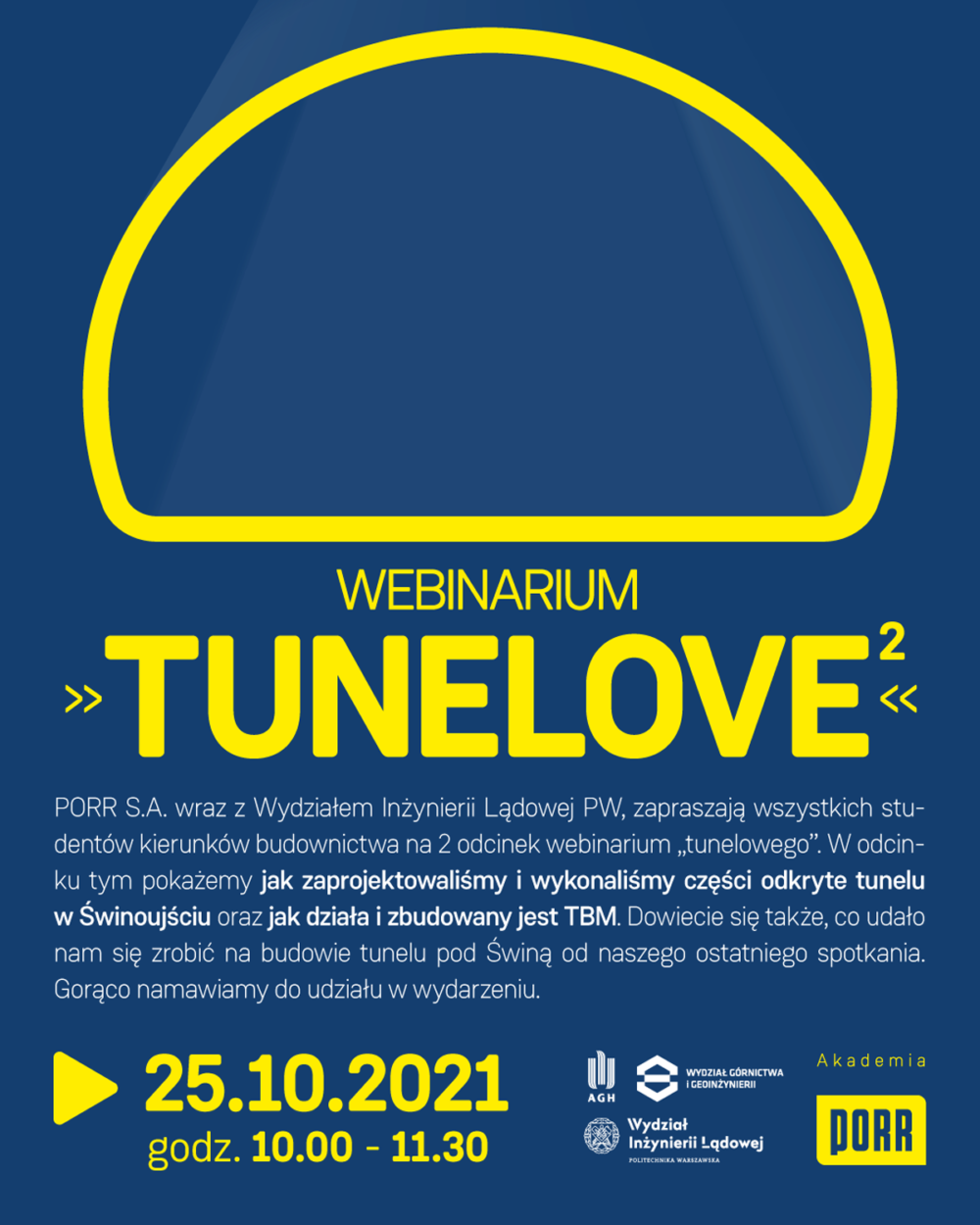 Webinarium "TUNELOVE²" o budowie tunelu pod Świną. Kluczowe obiekty: tunel, TBM. Kontekst: wydarzenie edukacyjne.