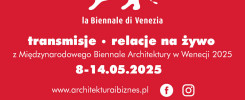 Biały lew z Wenecji, napisy: "la Biennale di Venezia", "transmisje relacje na żywo", "Międzynarodowego Biennale Architektury