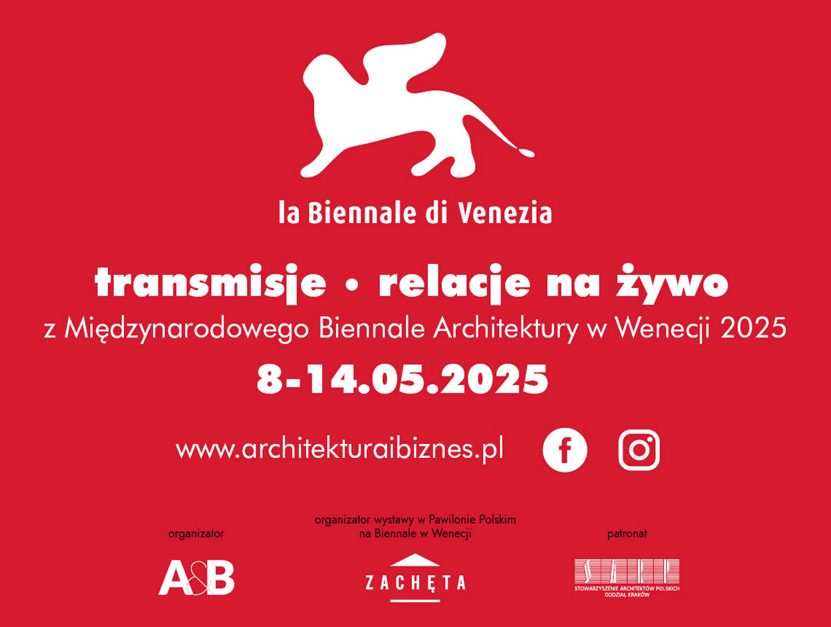 Biały lew z Wenecji, napisy: "la Biennale di Venezia", "transmisje relacje na żywo", "Międzynarodowego Biennale Architektury