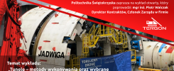 Zaproszenie na wykład o tunelach. Widoczna maszyna drążąca, logo firmy Targon.