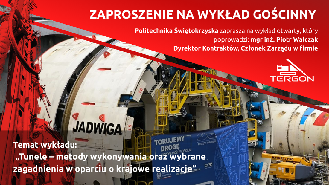 Zaproszenie na wykład o tunelach. Widoczna maszyna drążąca, logo firmy Targon.