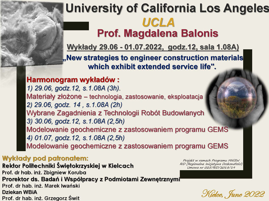 Plakat informuje o wykładach prof. Magdaleny Balonis na Uniwersytecie Kalifornijskim w Los Angeles.