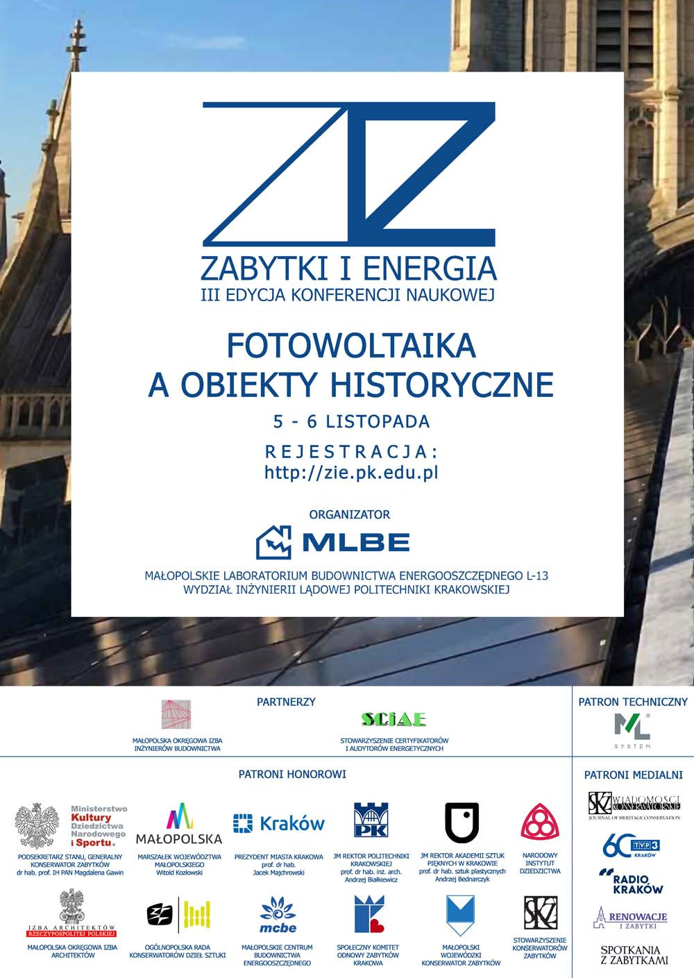 Plakat konferencji "Zabytki i Energia: Fotowoltaika a Obiekty Historyczne" w Krakowie, 5-6 listopada.